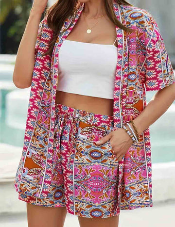 Ladies Boho 2PCS Short Sleeves Kimono Top & Shorts Set