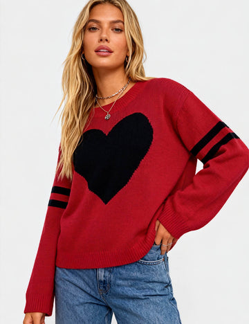 Ladies Valentine‘s Heart Pattern Striped Sleeves Pullover Sweater
