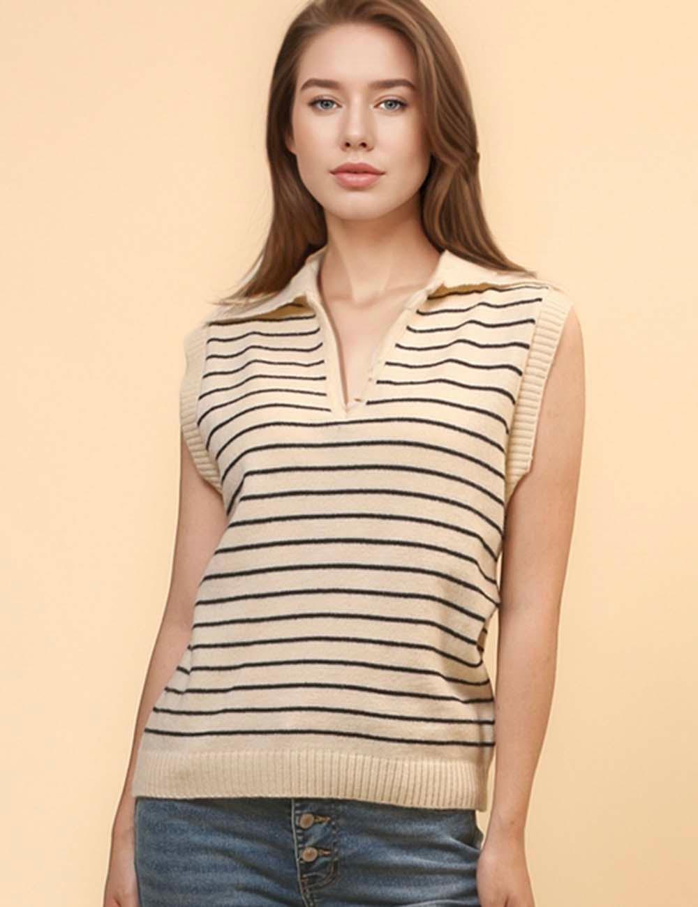 Ladies Stripe Turndown Collar Sleeveless Knit Vest SKT4719