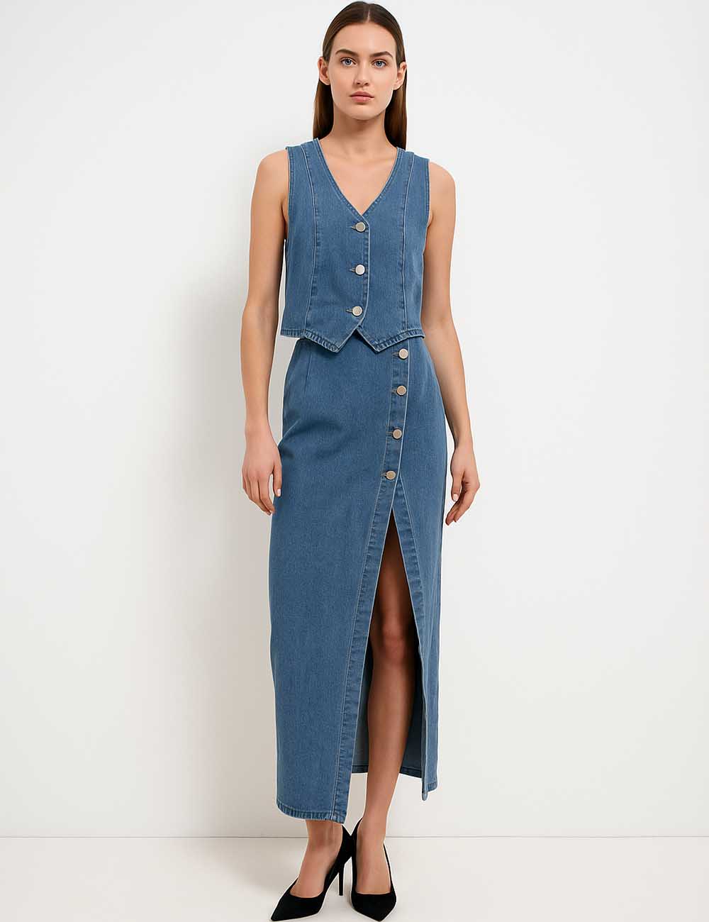 Ladies Denim Vest And Split Hem Skirt Set 4219