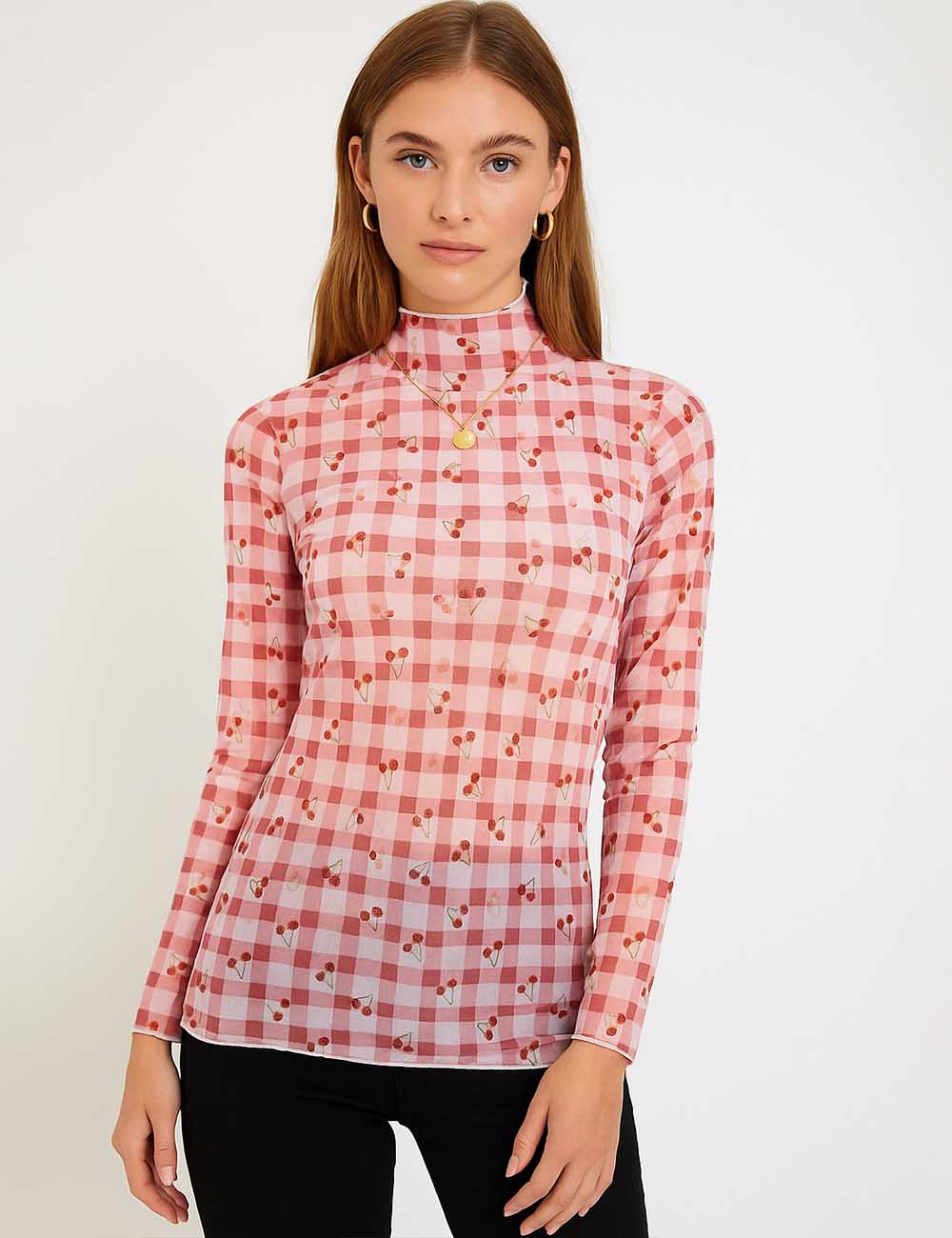 Women Checked Layering Top See Sheer Blouse