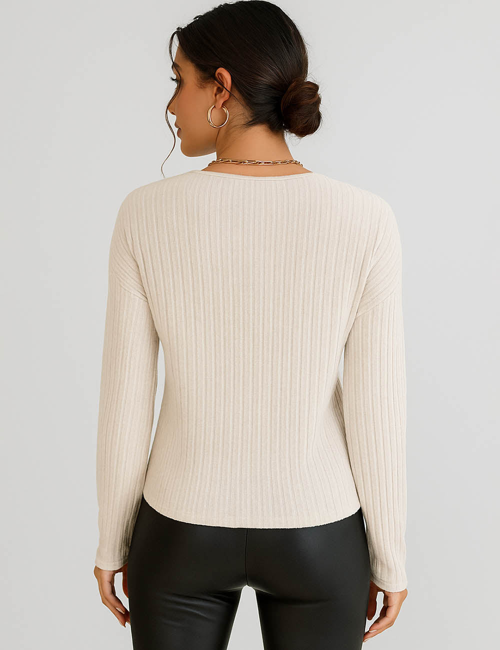 Solid V-Neck Cross Loose Long Sleeves Blouse G1061