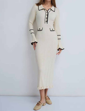 Ladies Turndown Collar Bell Long Sleeves Knit Maxi Dress