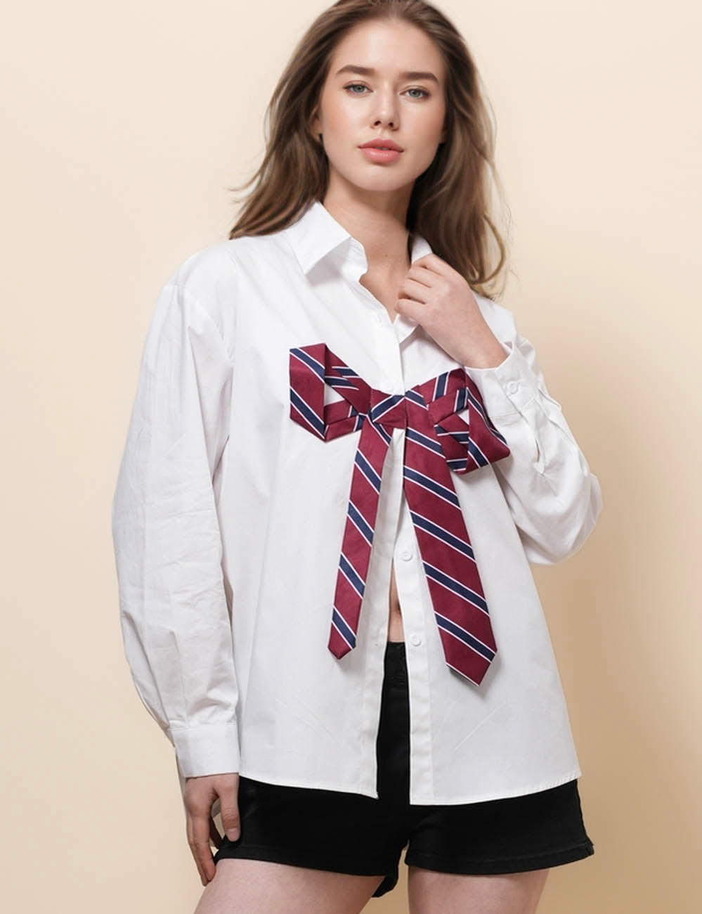 Ladies Bowknot Botton Down White Shirt SKT51072