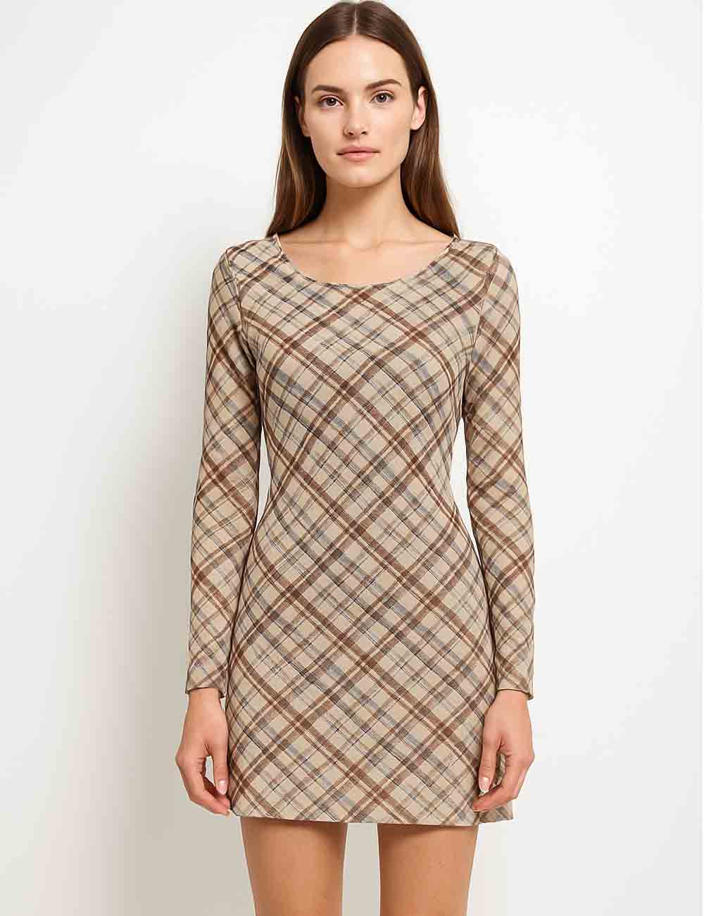 Ladies Checked Print Round Neck Scoop Back Mesh Mini Dress