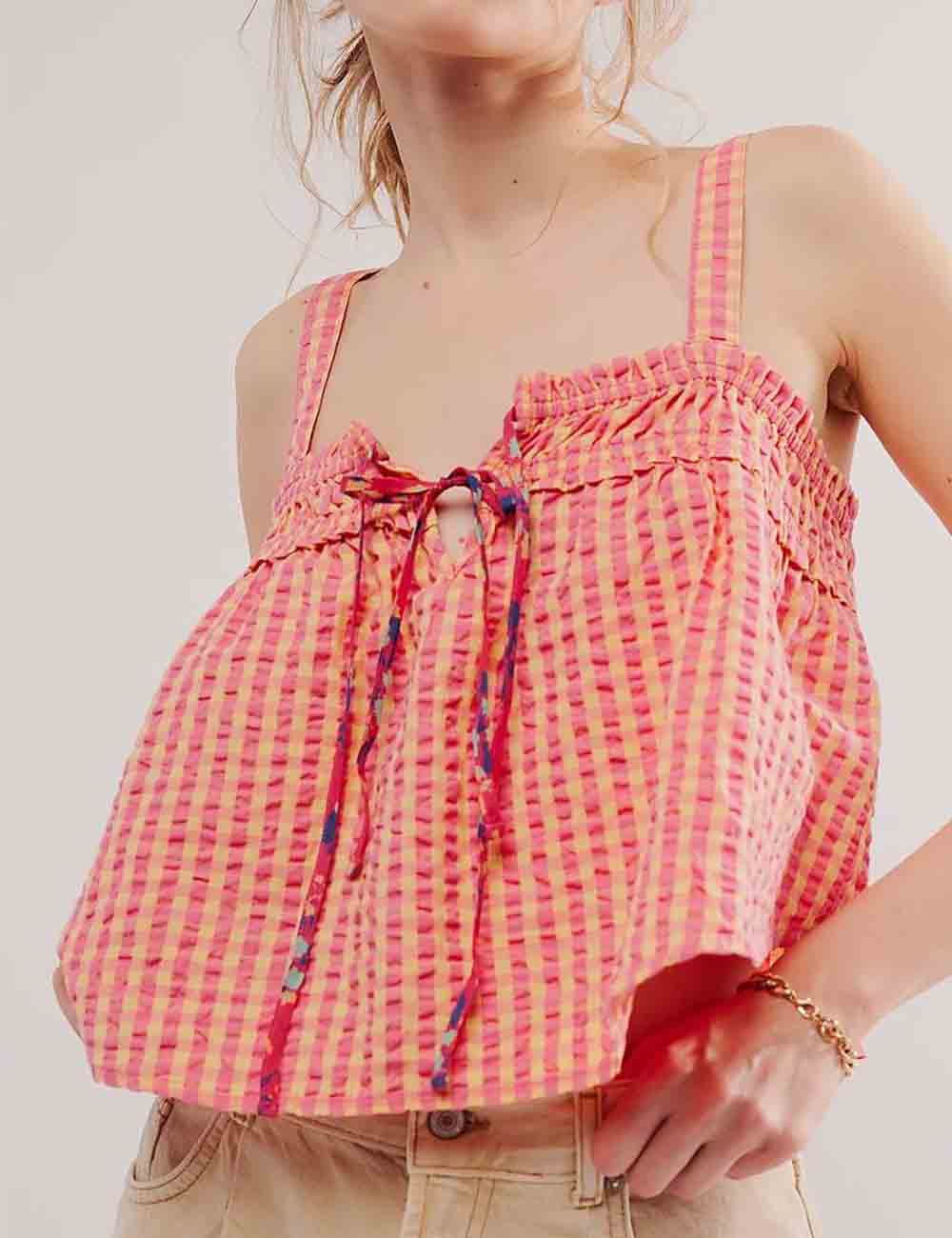 Ladies Color Block Checked Strap Shoulder Tank Top