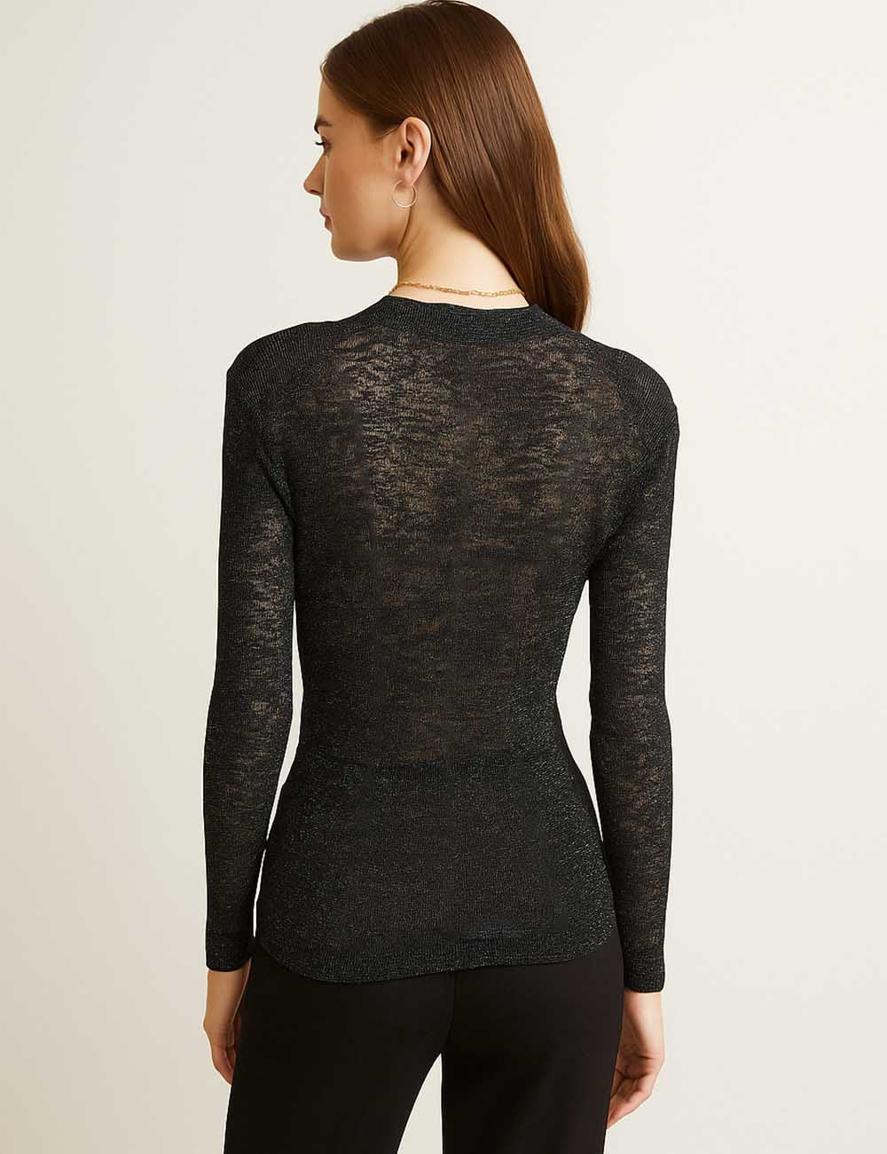 Ladies See Sheer Lace Up Neckline Mesh Blouse
