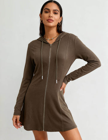 Ladies Hooded Collar Zipper Front Drawstring Mini Dress