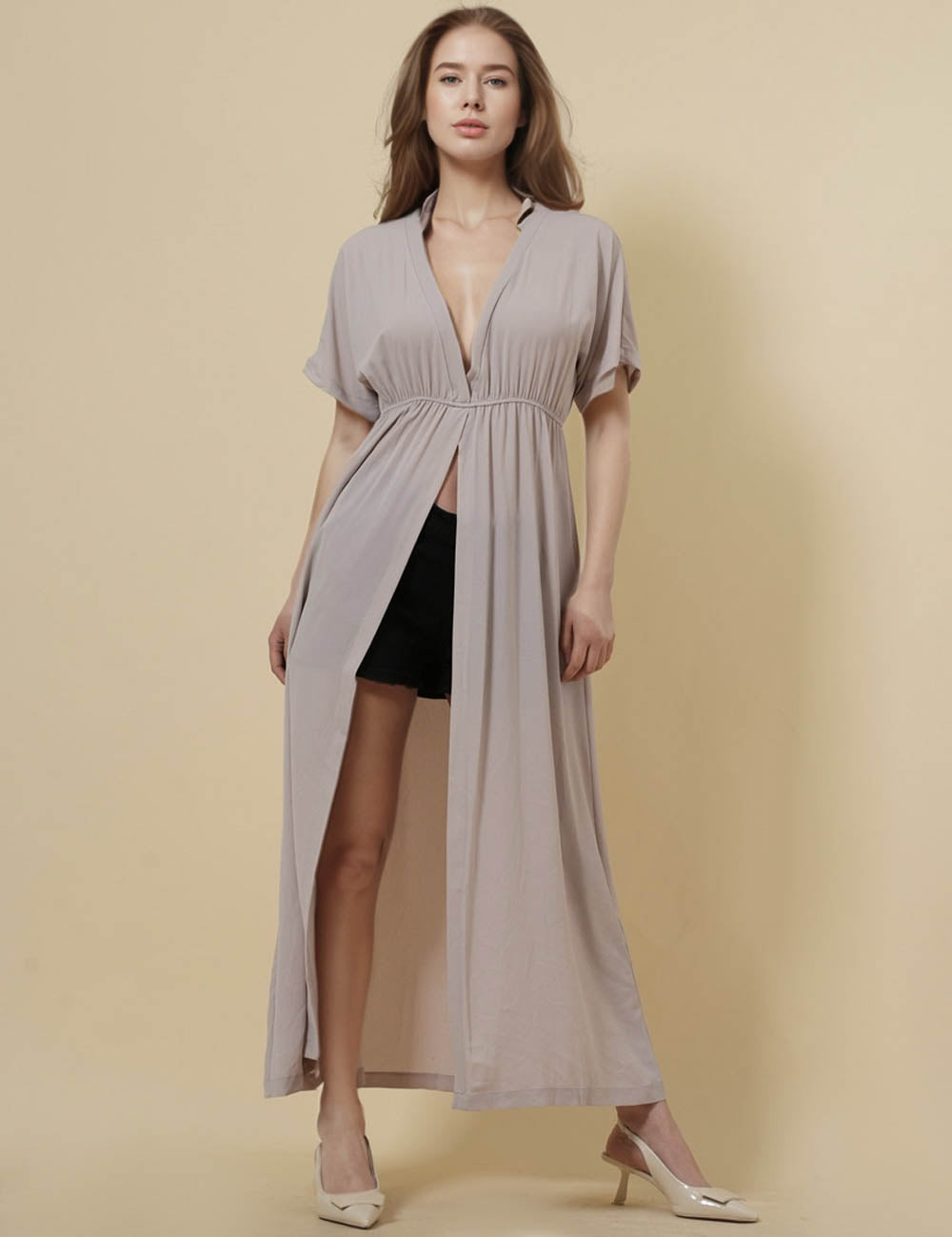 Ladies V-Neck Mid Sleeves Split Maxi Dress SKD51213