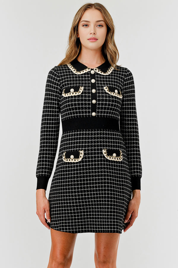 Plaid Knit Sweater Dress with Embellishment