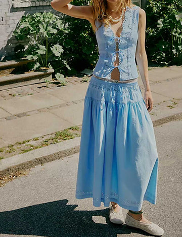 Ladies Eyelet String Tie Sleeveless Vest Top & Skirt Set