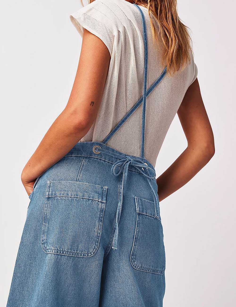 Ladies String Shoulder String Tie Wide Leg Denim Jumpsuit