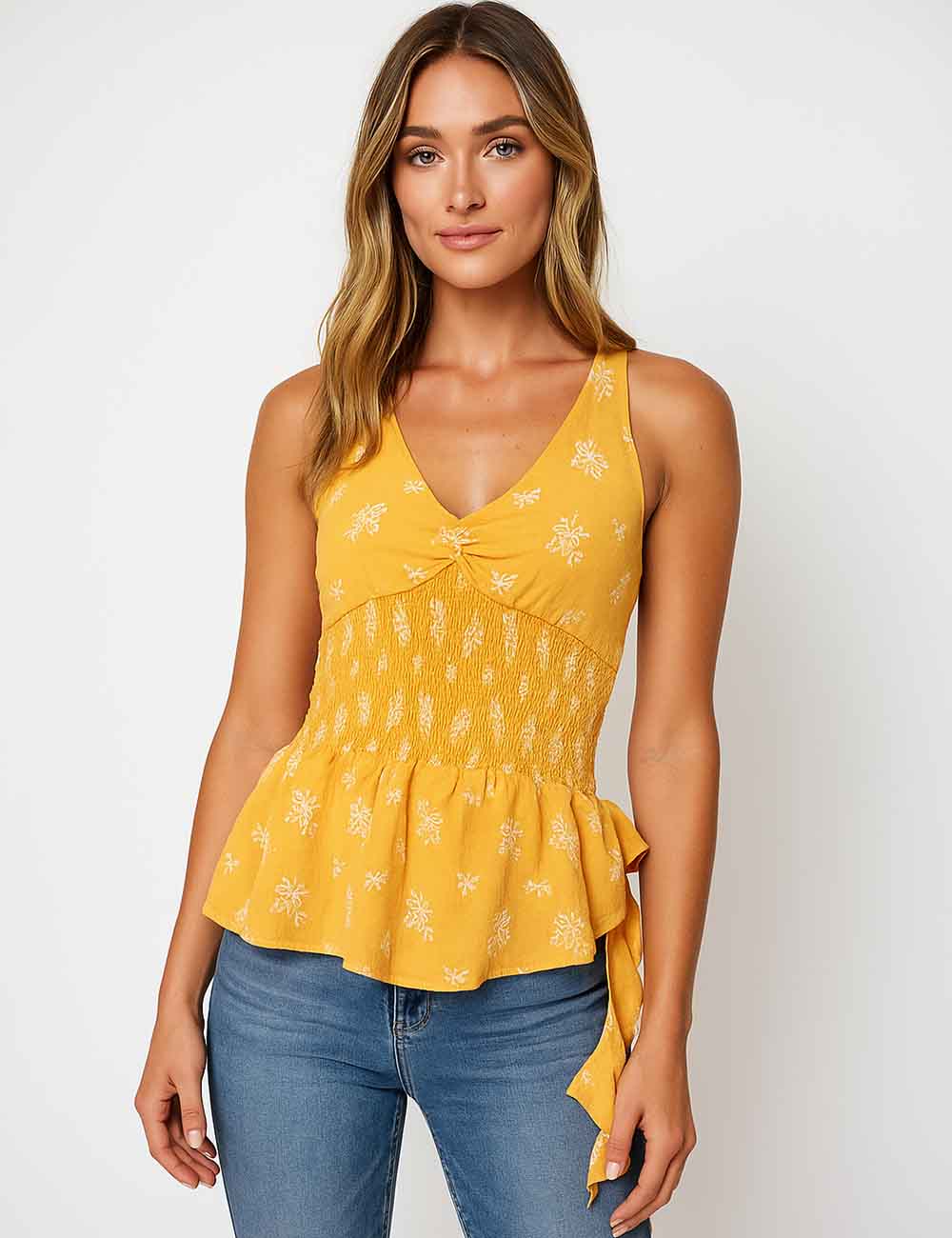 Ladies Embroidery V-Neck Halter Smocking Ruffle Tie Top