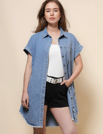 Ladies Turndown Collar Short Sleeves Denim Mini Dress SKD50021