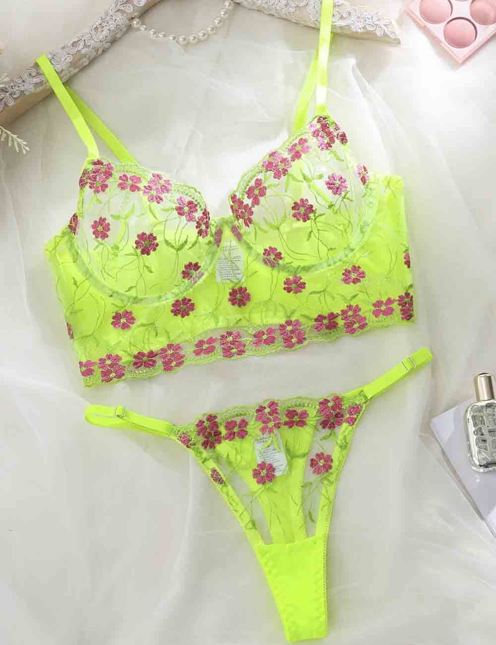 Ladies Floral Embroidery See Through 2PCS Lingerie Set 8HF4169