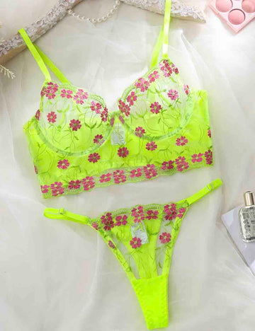 Ladies Floral Embroidery See Through 2PCS Lingerie Set 8HF4169