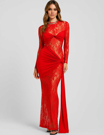 Ladies See Sheer Lace Knotted Waist Bodycon Maxi Dress