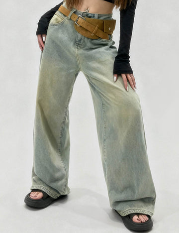 Ladies Vintage Fleece Lined Wide Leg Denim Pants