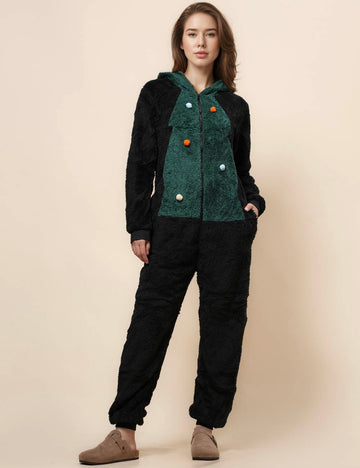 Ladies Christmas Color Block Fleece Jumpsuit Hooded Overall
