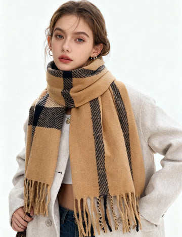 Ladies Cozy Winter Plaid Tassel Knit Scarf