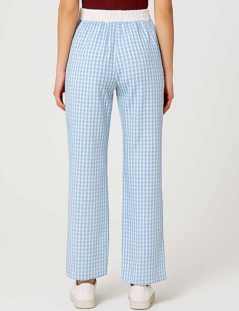 Ladies Color Block Checked String Tie Wide Leg Pants