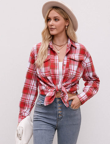 Ladies Checked Turn Down Collar Button Flap Pockets Shirts