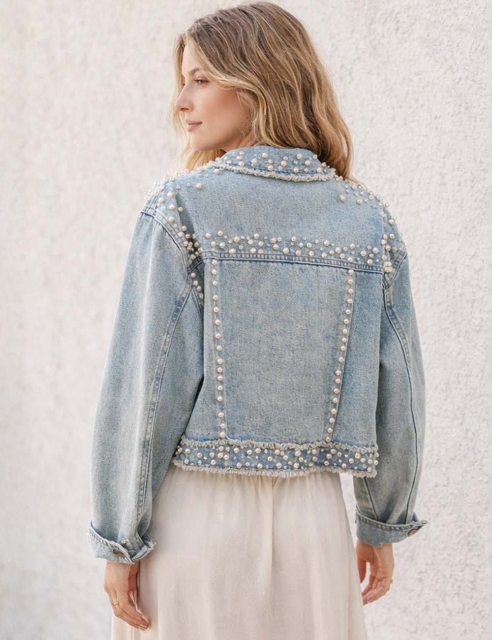 Faux Pearl Cropped Denim Jacket - Sweetkama Wholesale - #0135