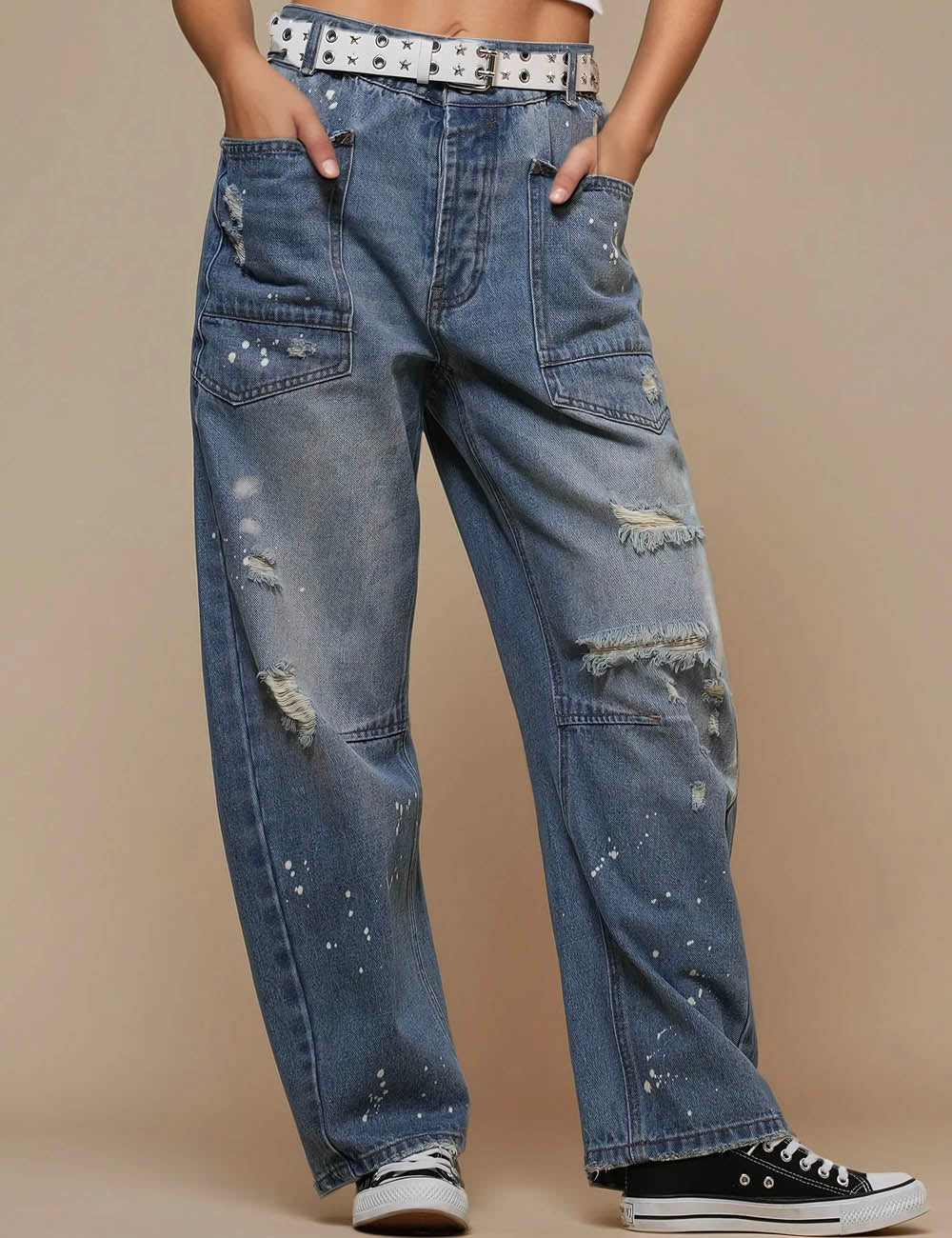 Ladies Distressed Barrel Jeans Baggy Denimn Pants SKP51004