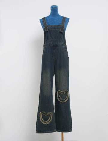 Ladies Denim Pockets Overall Heart Patch Jumpsuit