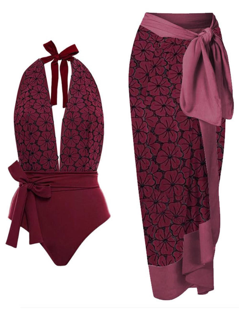 Flower Print Halter Swinwear with Cover SKSW40149