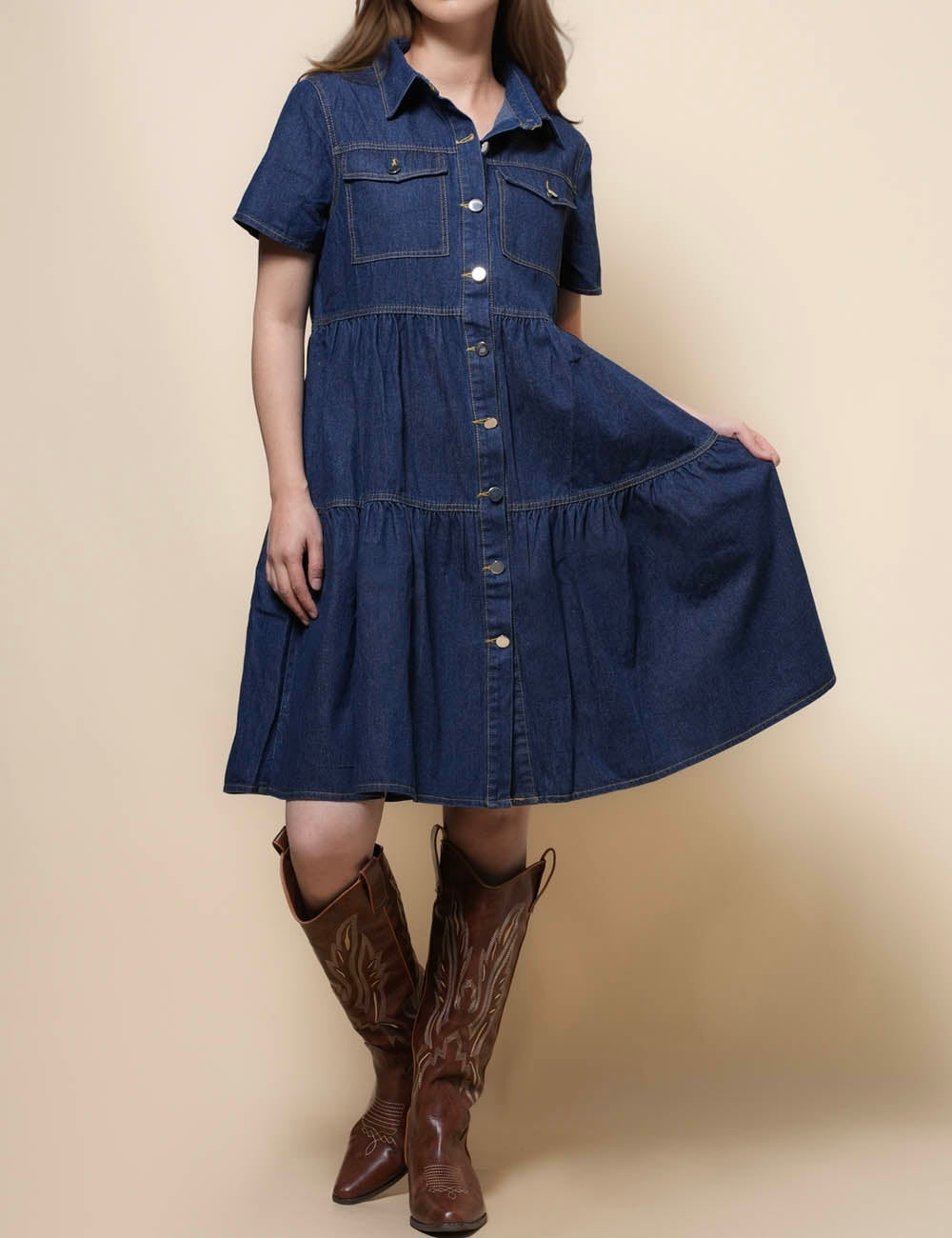 Ladies Turndown Collar Denim Mini Dress SKD50024