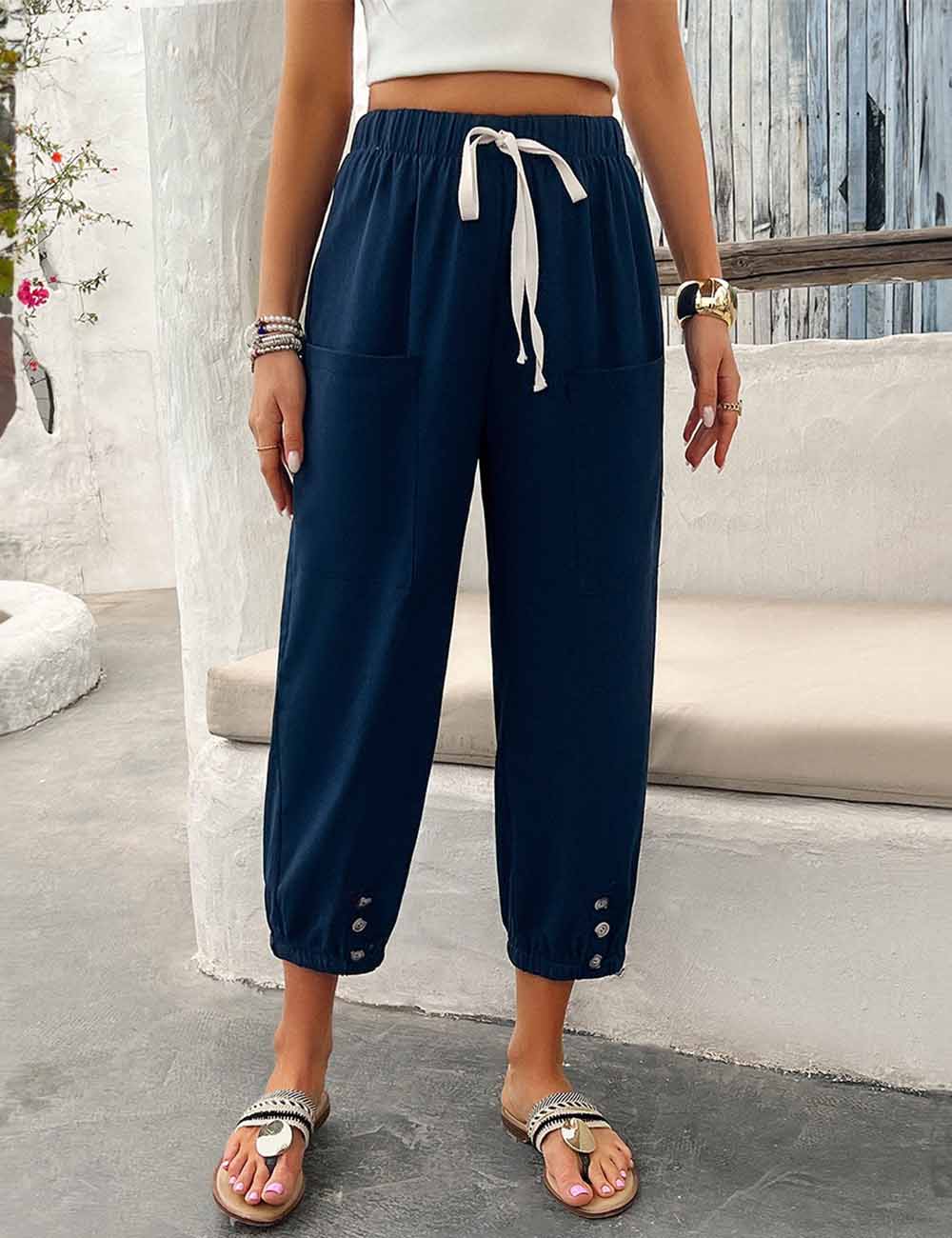 Ladies Elastic Waist Drawstring Pocket Cropped Tapered Pants