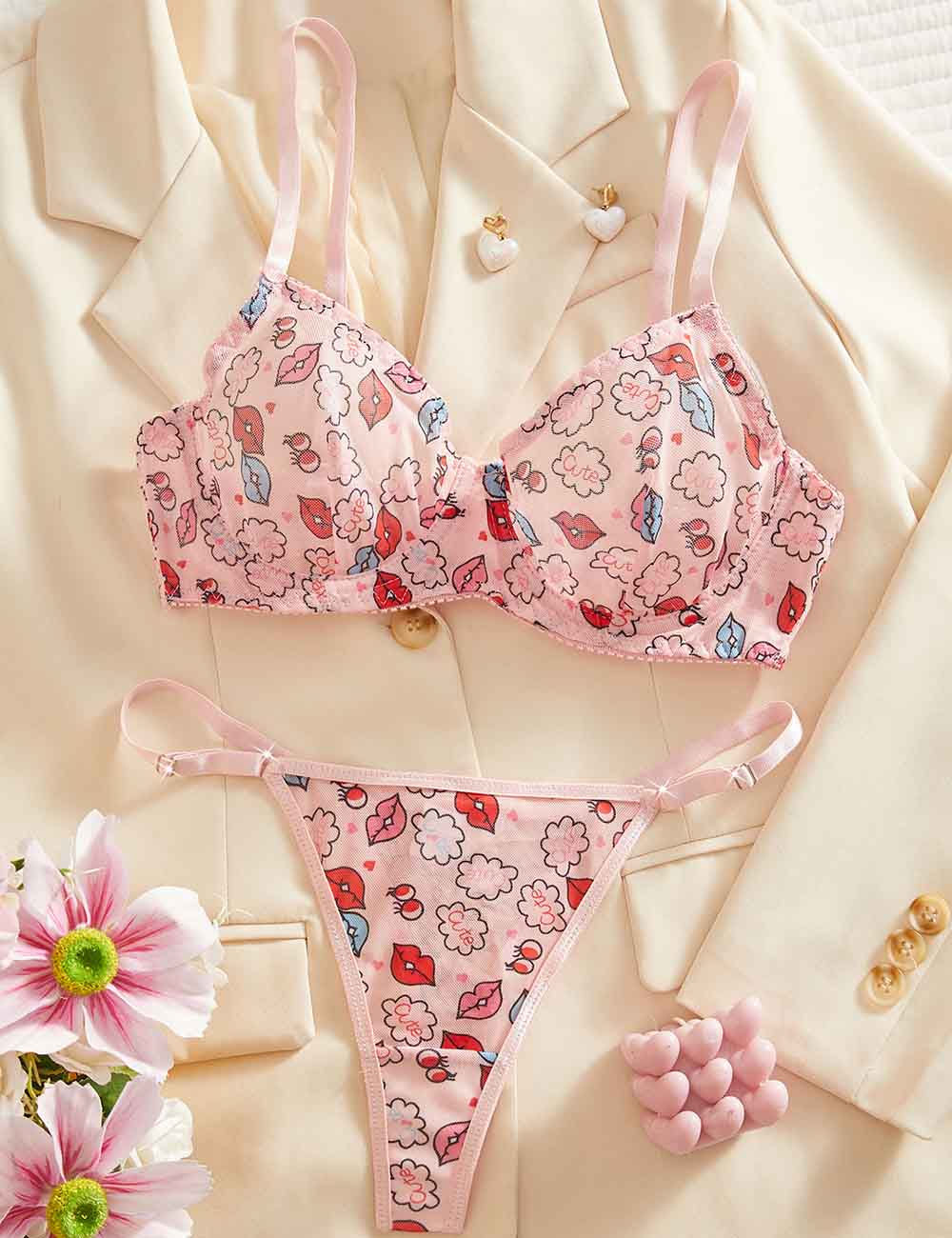 Ladies Sexy Lips Print See-Through Thong Lingerie Set