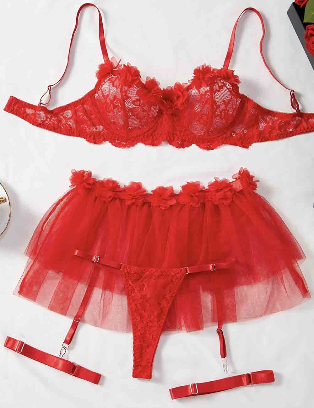 Ladies Floral Splice See Through 3PCS Lingerie Set 8HF4247