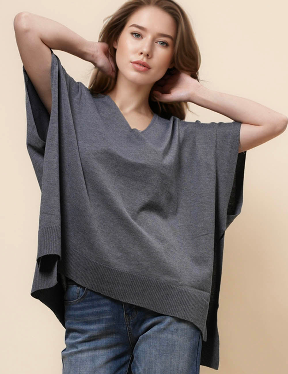 Ladies Solid Color V-Neck Pullover Sweater SKT41022
