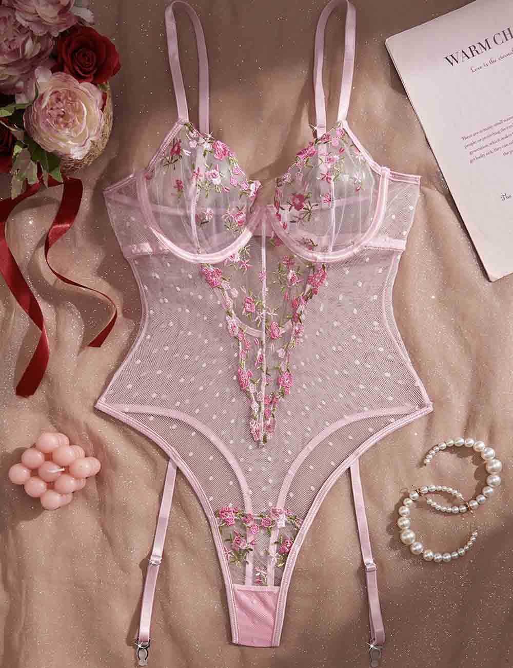 Ladies Floral Embroidery See Through Teddy 8XX6032