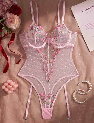 Ladies Floral Embroidery See Through Teddy 8XX6032