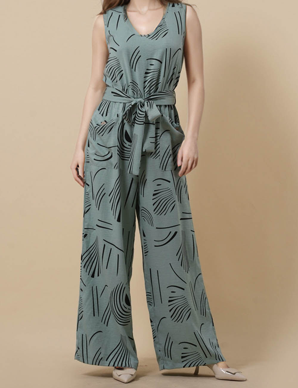 Ladies String Tie Color Block Pocket Wide Leg Jumpsuit SKJ851147