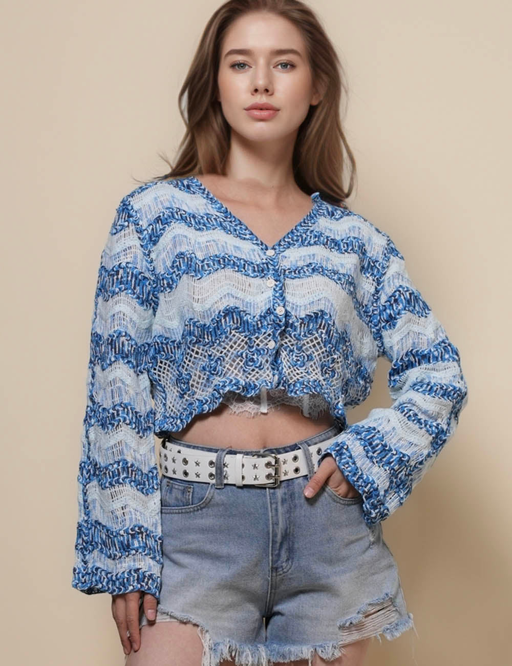 Ladies V-Neck Multicolor Hollow Out Knit Cardigan SKT50160