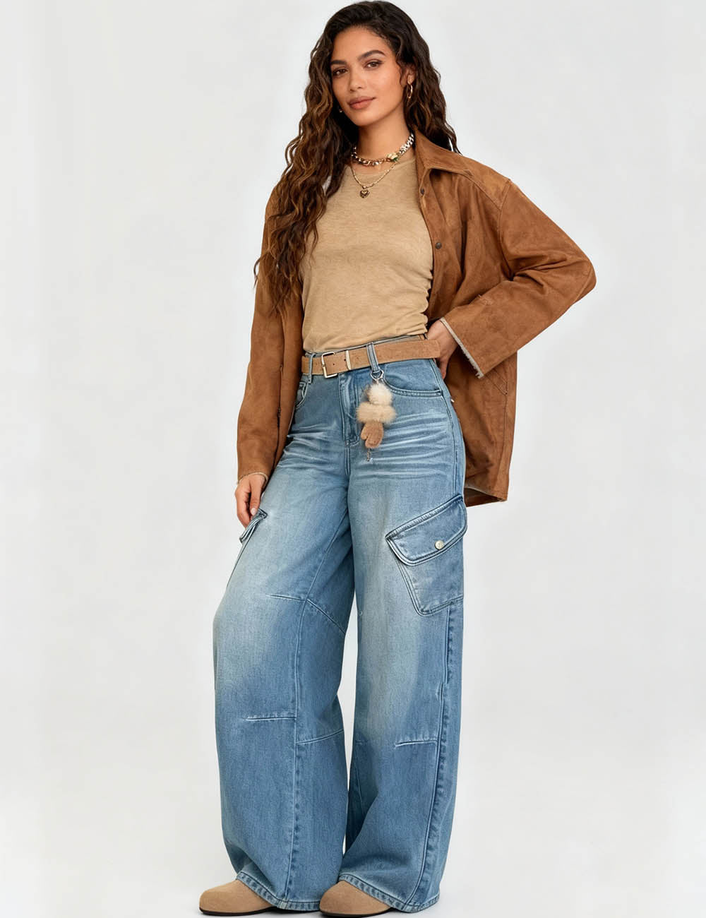 Ladies Vintage Fleece Lining Wide Leg Denim Pants