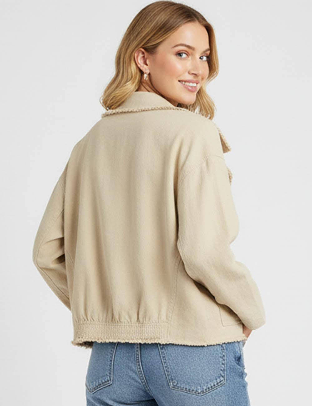 Ladies Chic Wide Lapel Frayed Edge Long Sleeves Jacket