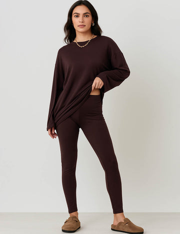 Ladies Round Neck Solid Color Long Sleeves Loungewear Set