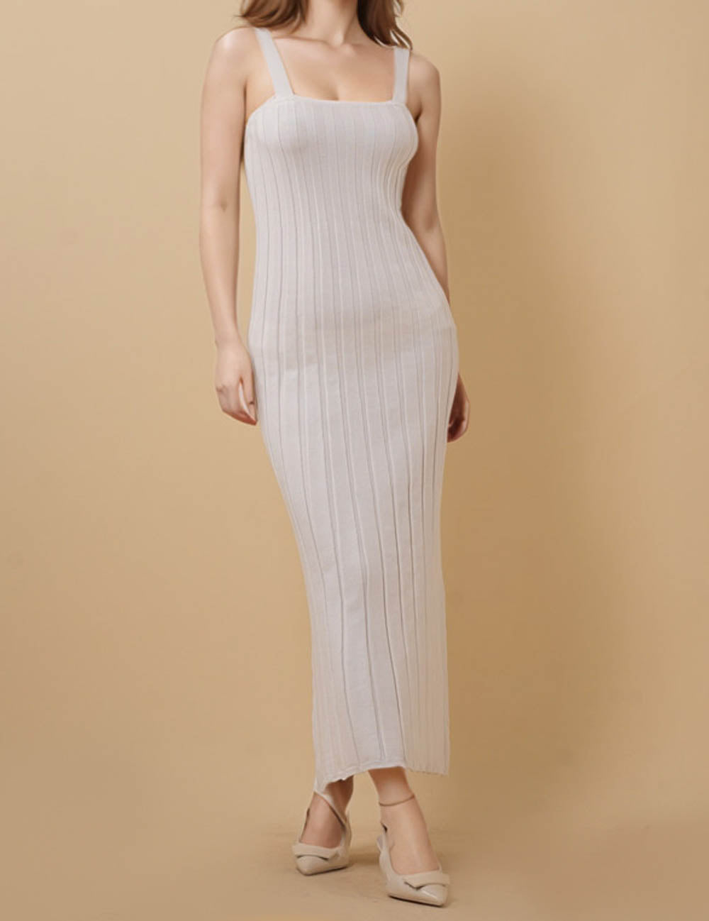 Ladies Strape Shoulder Rib Knit Mid Dress SKD51342