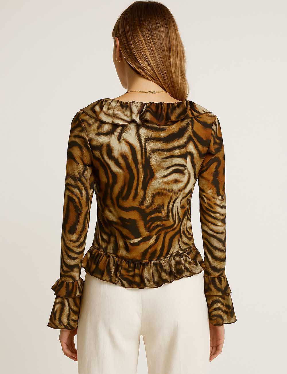 Women Tiger Striped V-Neck Long Sleeve Top Ruffle Blouse