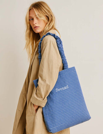 Ladies Plaid Gingham Letter Embroidery Shoulder Tote Ba