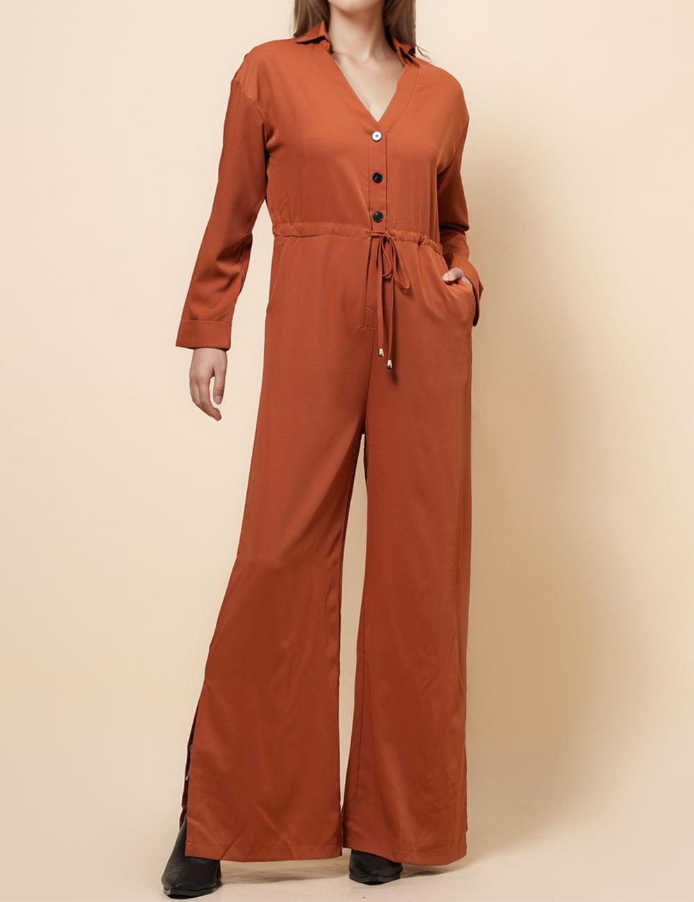 Ladies V-Neck Botton Overall Waist Tie Jumpsuit SKJ4895