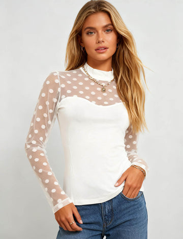 Ladies Mock Neck Dot Mesh Panel Sheer Layering Top