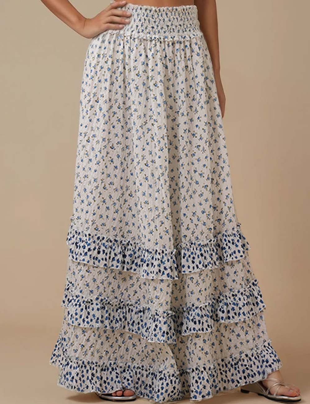 Ladies Color Block Floral Print Ruffle Smocking Maxi Skirt