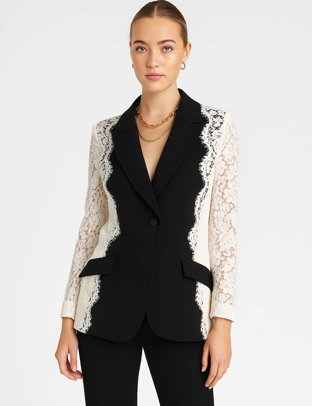 Ladies Color Block Lace Embroidery Notched Lapel Blazer