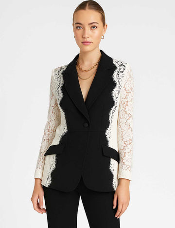Ladies Color Block Lace Embroidery Notched Lapel Blazer